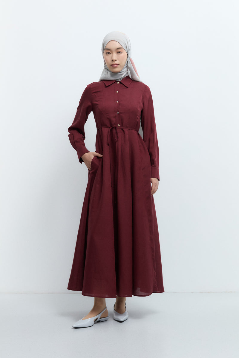 Lyocell Karışımlı Gömlek Yaka Elbise - Marsala TUĞBA