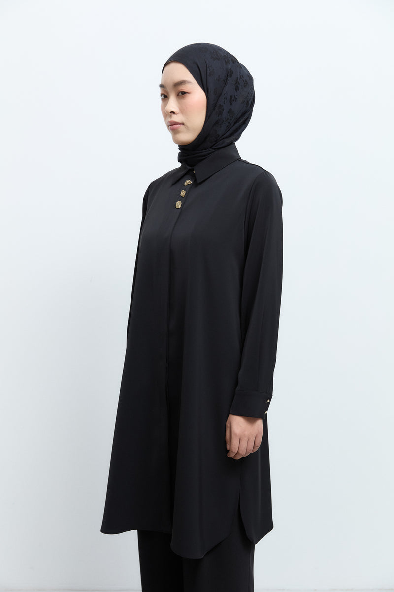 Gömlek Yaka Rahat Kesim Tunik - Siyah TUĞBA