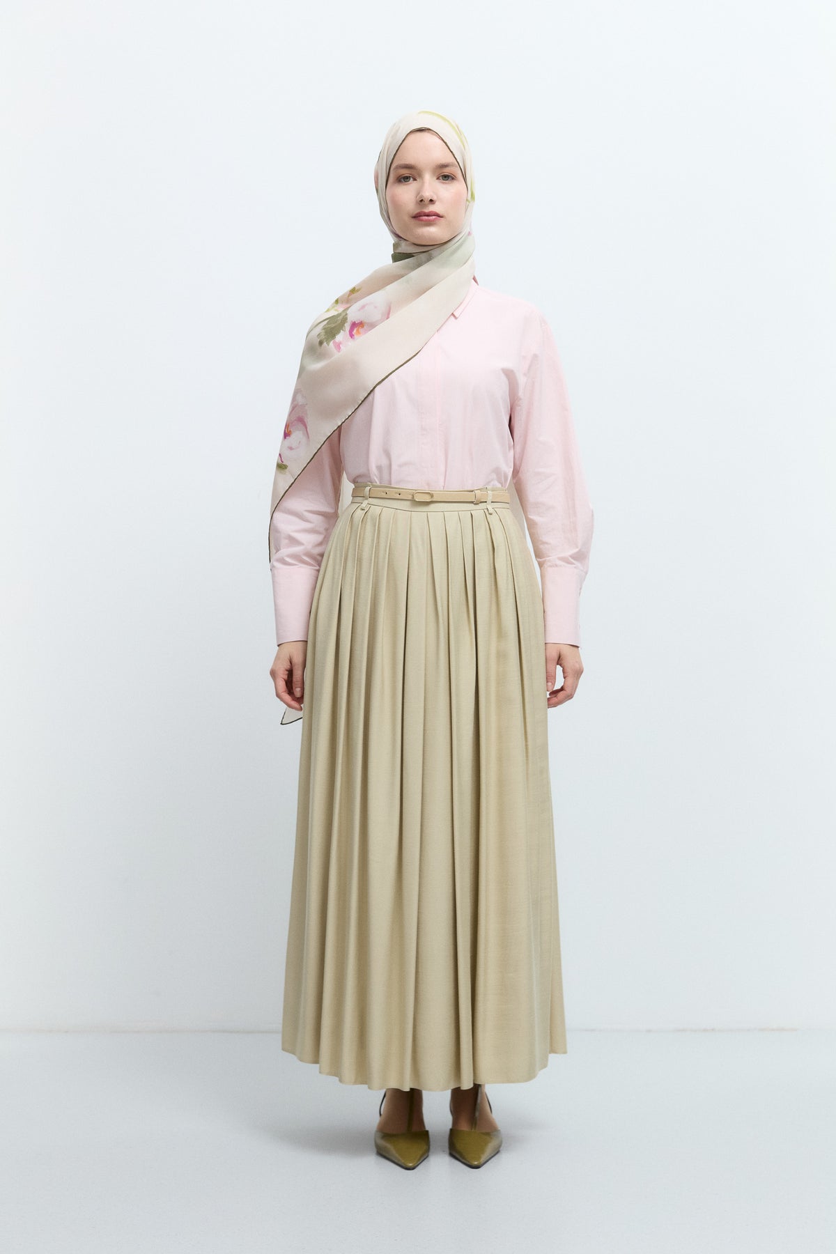 Viscose Blend Pleated Skirt - Thyme
