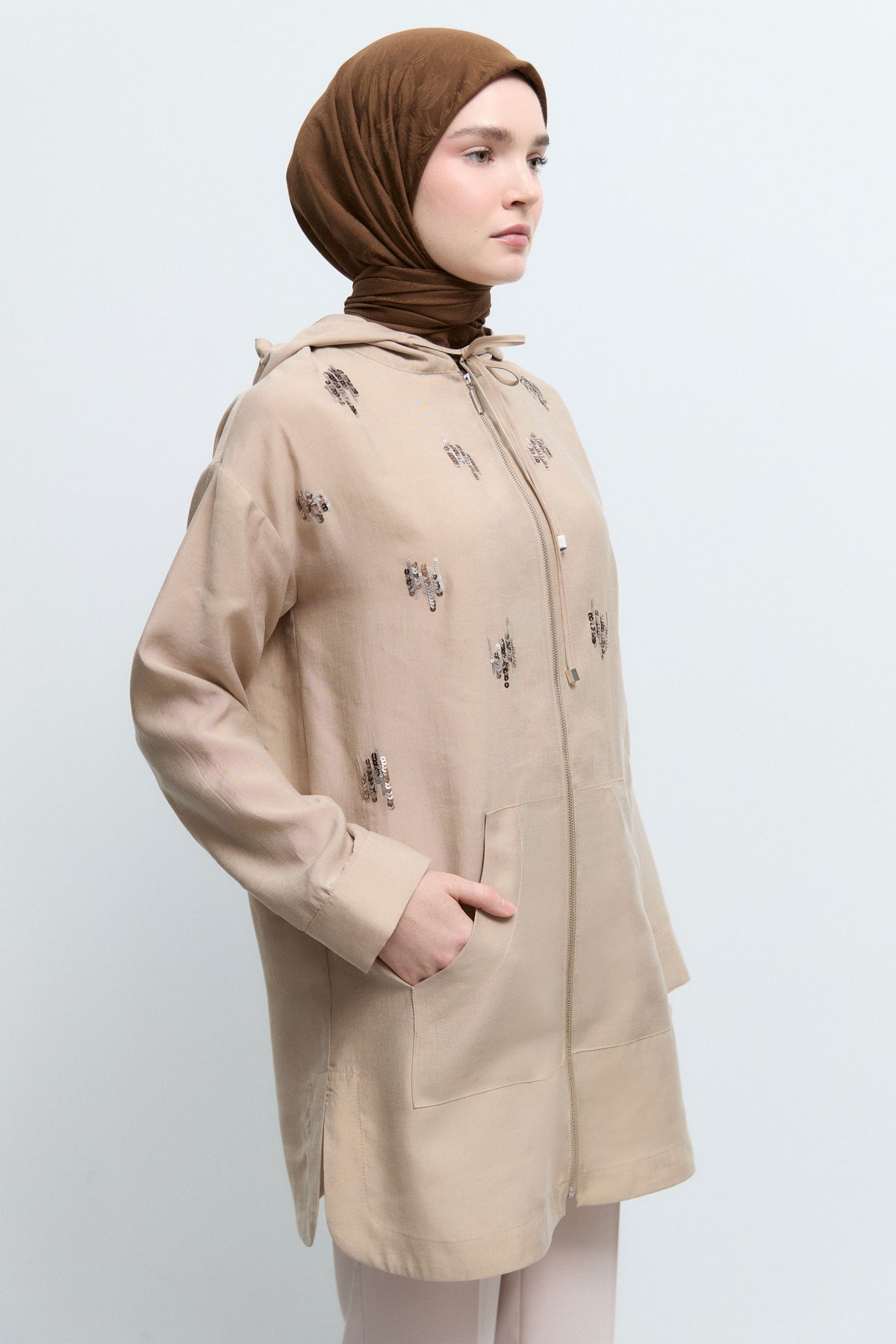 Lyocell Karışımlı Kapüşonlu Sweat - Bej TUĞBA