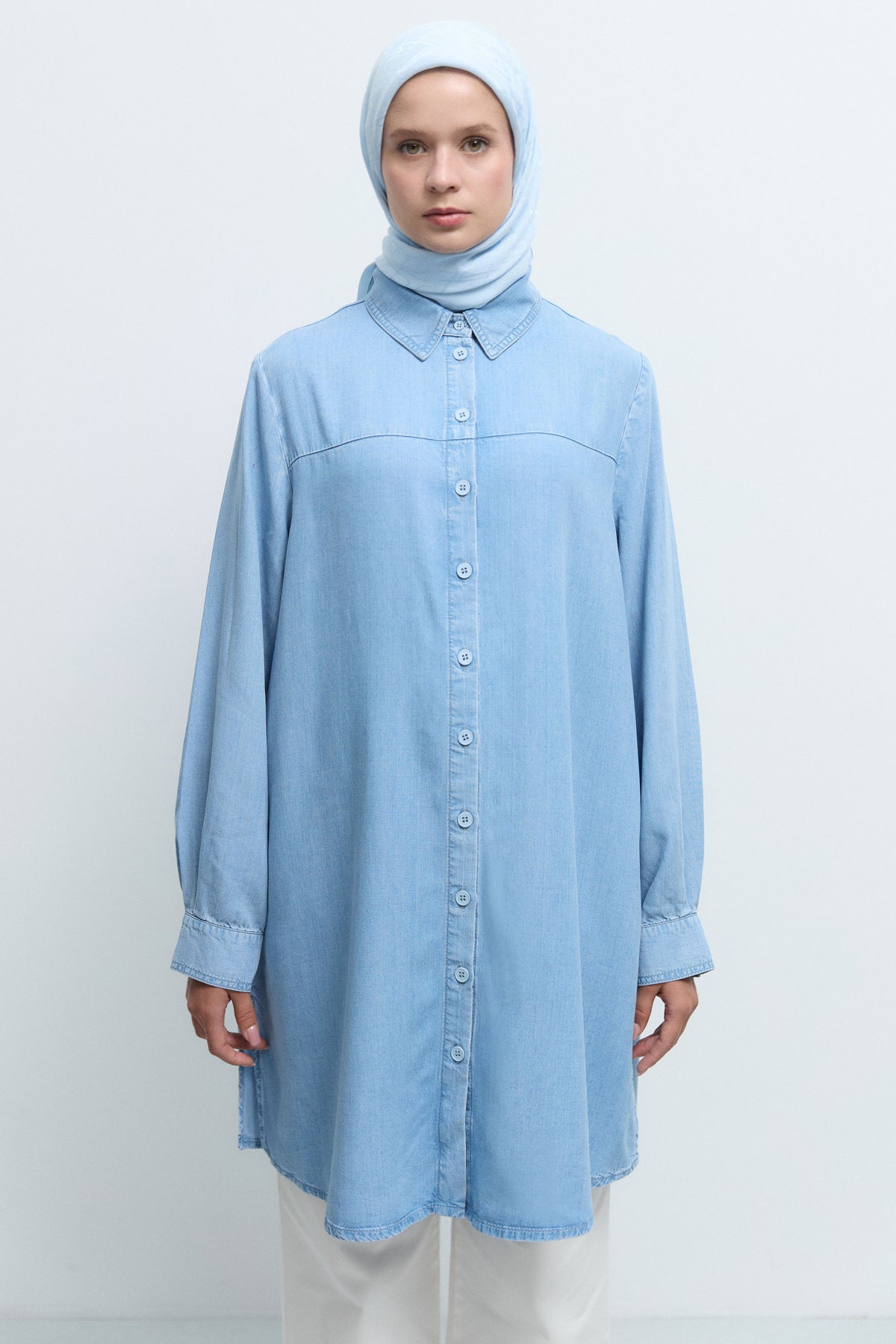%100 Lyocell Rahat Kesim Tunik - İndigo TUĞBA