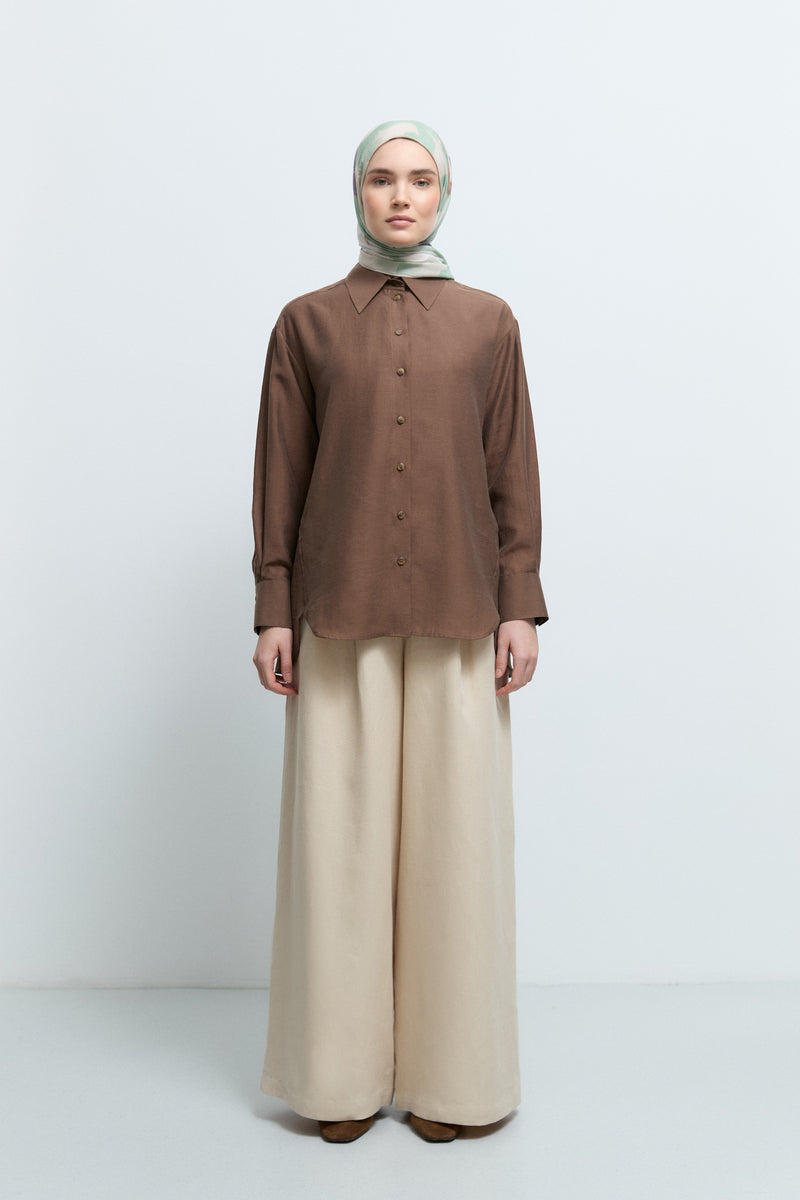 Lyocell Karışım Önü Kısa Gömlek - Kahve TUĞBA