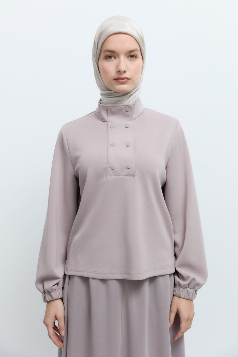 Dik Yaka Çıtçıtlı Sweat - Vizon TUĞBA