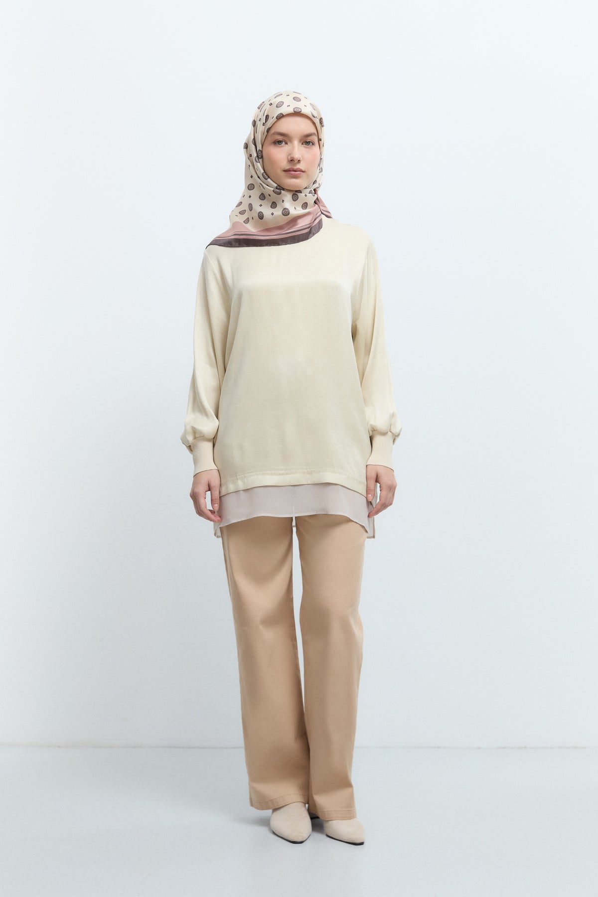 Rayon Karışım Tül Detaylı Tunik - Bej