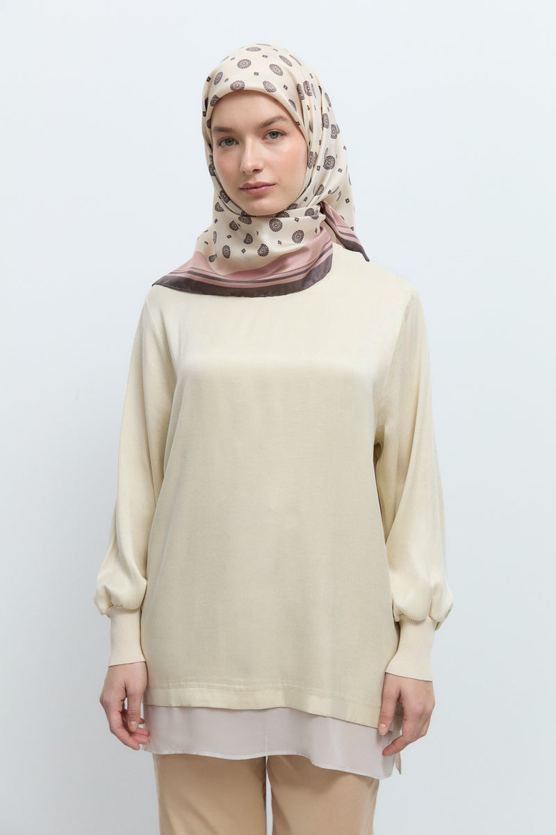 Rayon Karışım Tül Detaylı Tunik - Bej TUĞBA