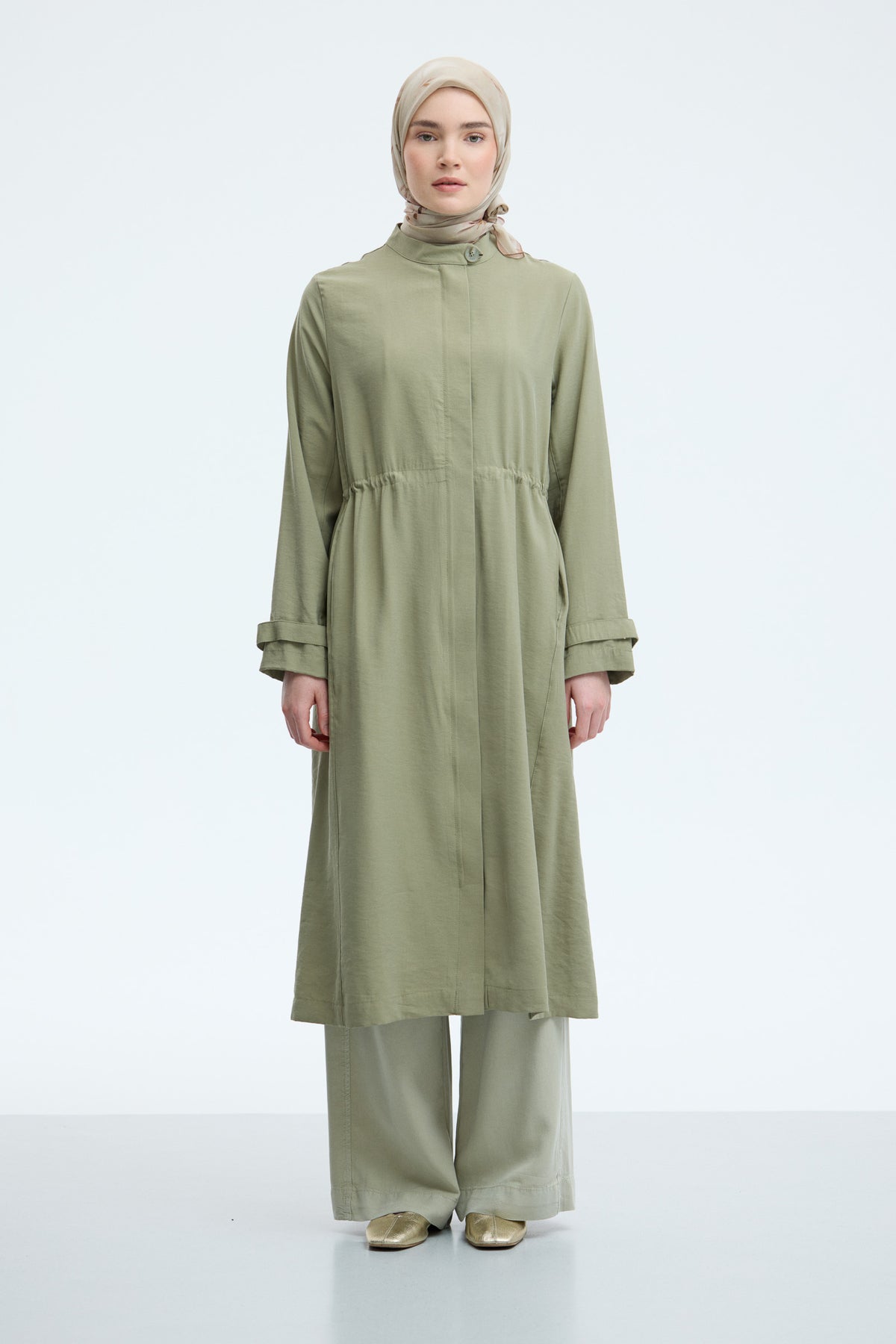 Viscose Blend Tunic Dress with Drawstring Waist - Thyme