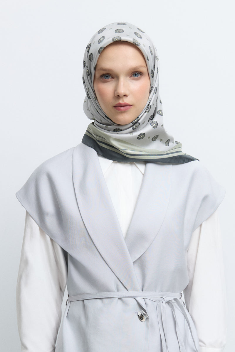 Lina %100 Twill İpek Eşarp - Gümüş TUĞBA