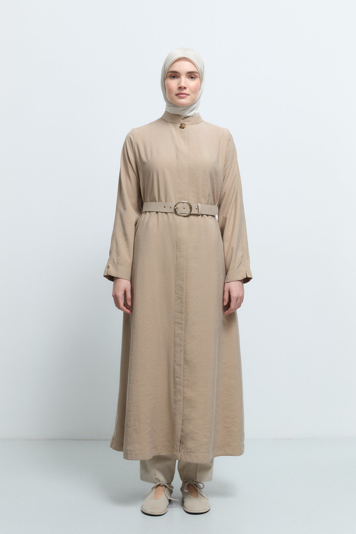 Viscose Blend Belted Trench Coat - Stone