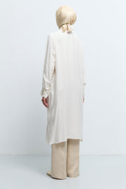 Viskon Karışımlı Hakim Yaka Çizgili Tunik - Ekru TUĞBA