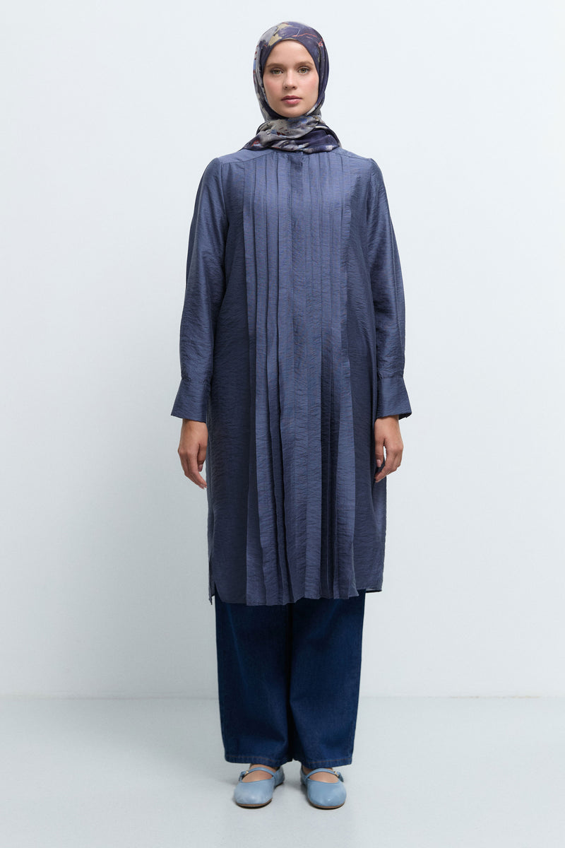 Lyocell Karışım Pileli Uzun Tunik - İndigo TUĞBA