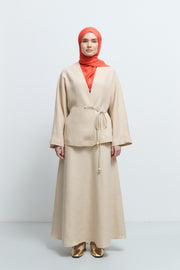 %100 Keten Yandan Bağlamalı Kimono  - Bej TUĞBA