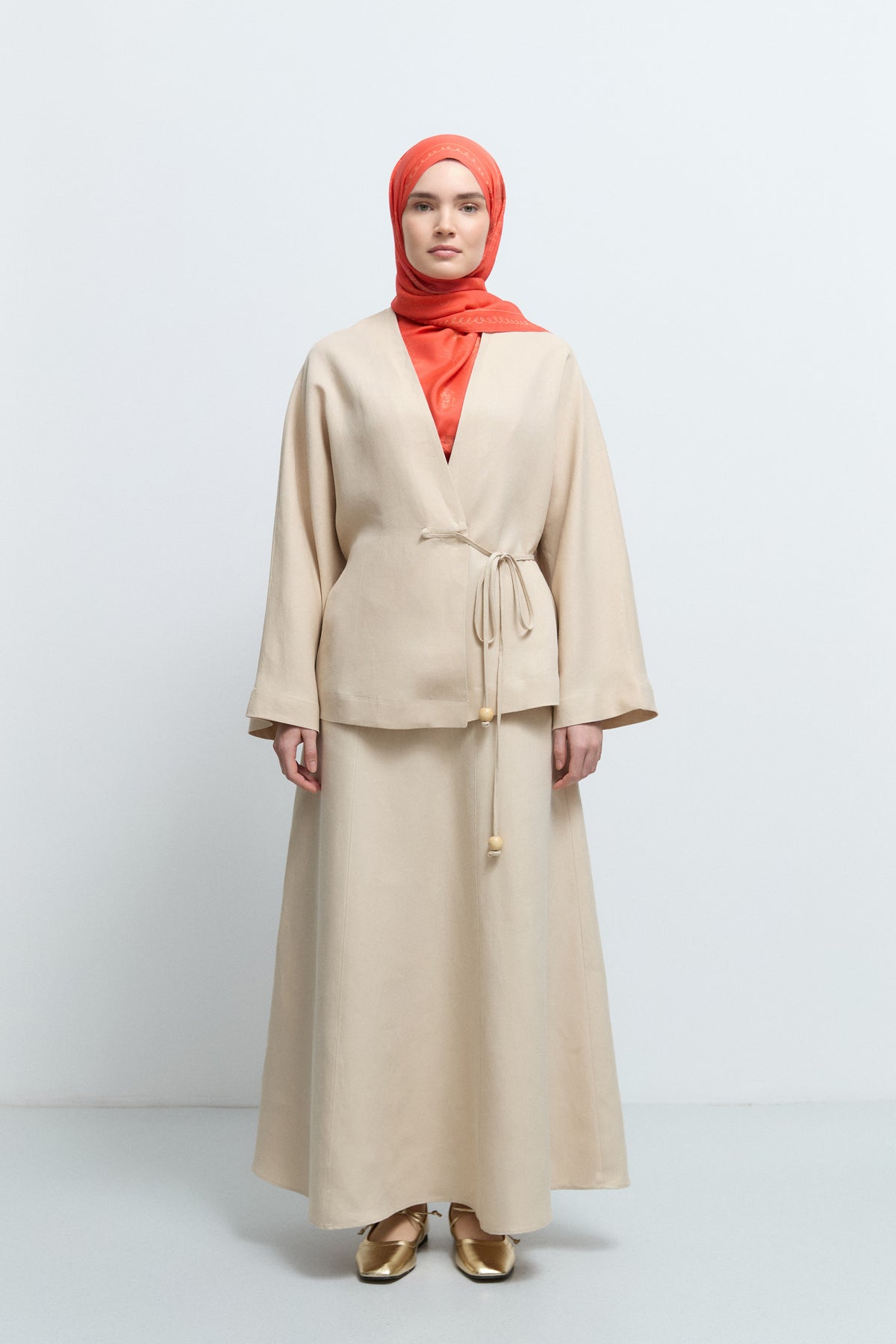 %100 Keten Yandan Bağlamalı Kimono  - Bej TUĞBA