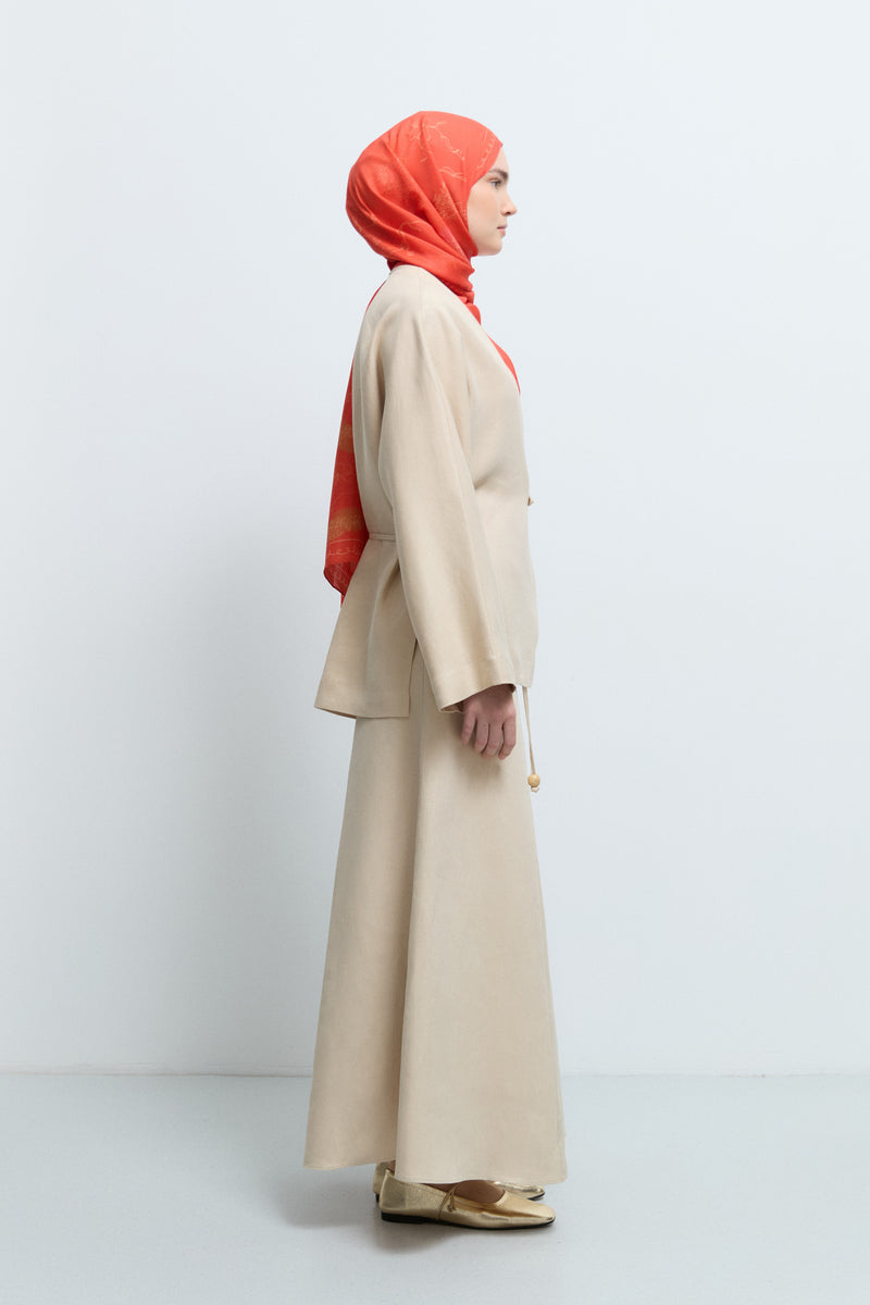%100 Keten Yandan Bağlamalı Kimono  - Bej TUĞBA