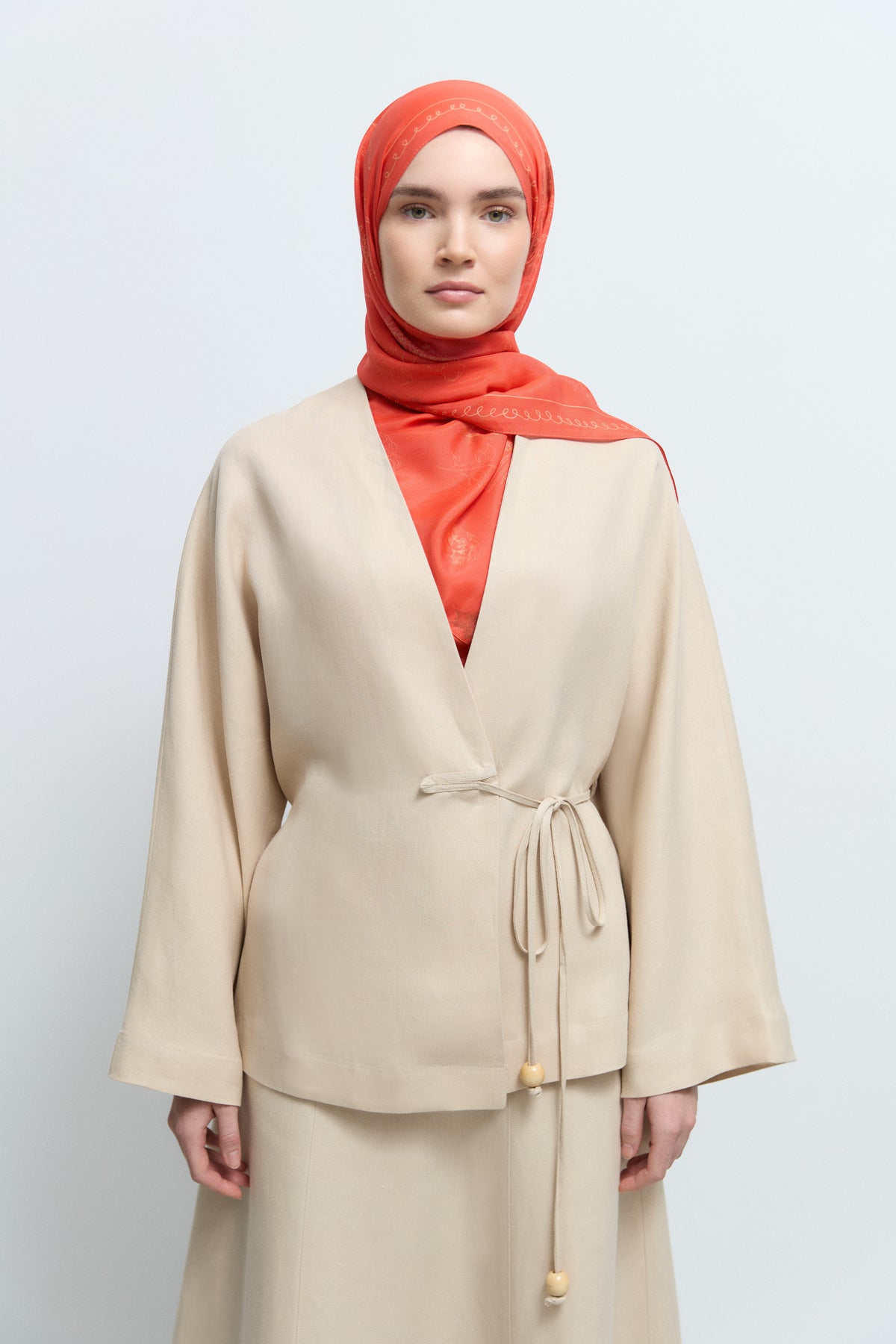 %100 Keten Yandan Bağlamalı Kimono  - Bej TUĞBA