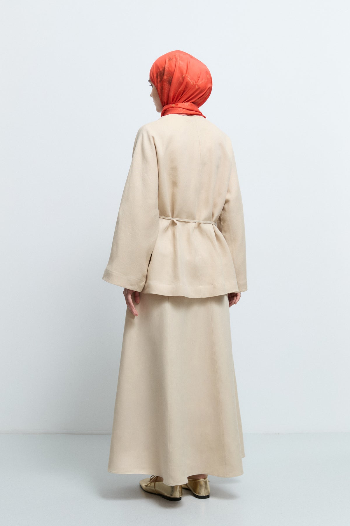%100 Keten Yandan Bağlamalı Kimono  - Bej TUĞBA