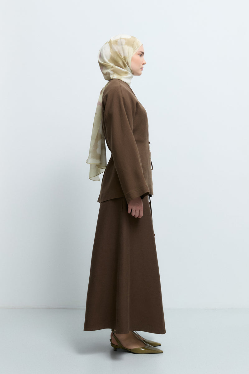 %100 Keten Yandan Bağlamalı Kimono  - Kahve TUĞBA