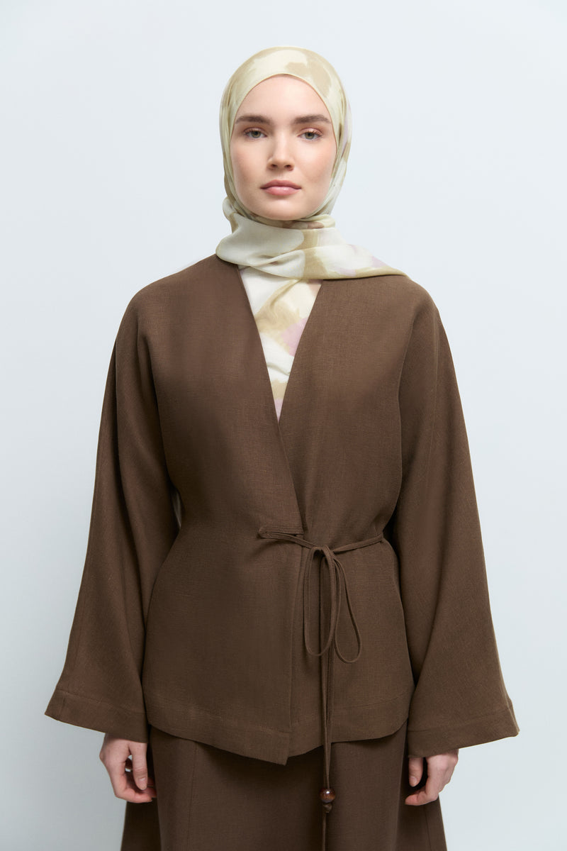 %100 Keten Yandan Bağlamalı Kimono  - Kahve TUĞBA
