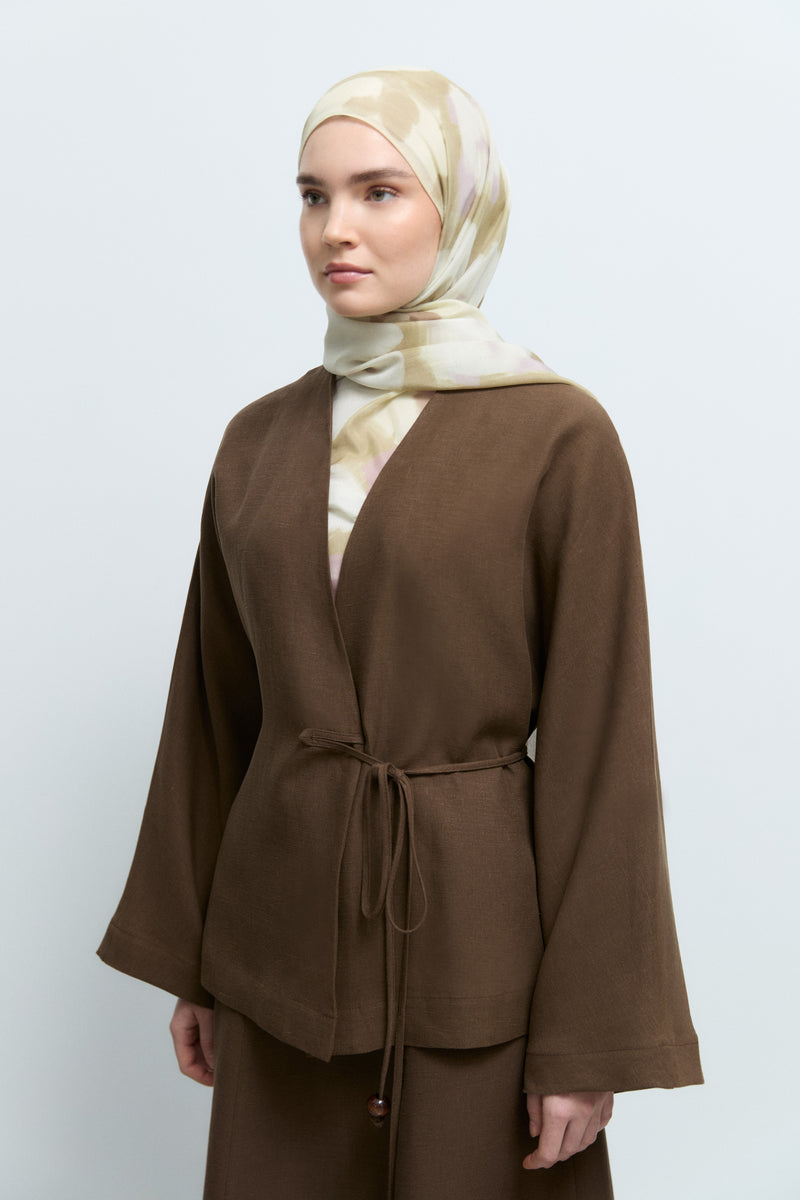 %100 Keten Yandan Bağlamalı Kimono  - Kahve TUĞBA