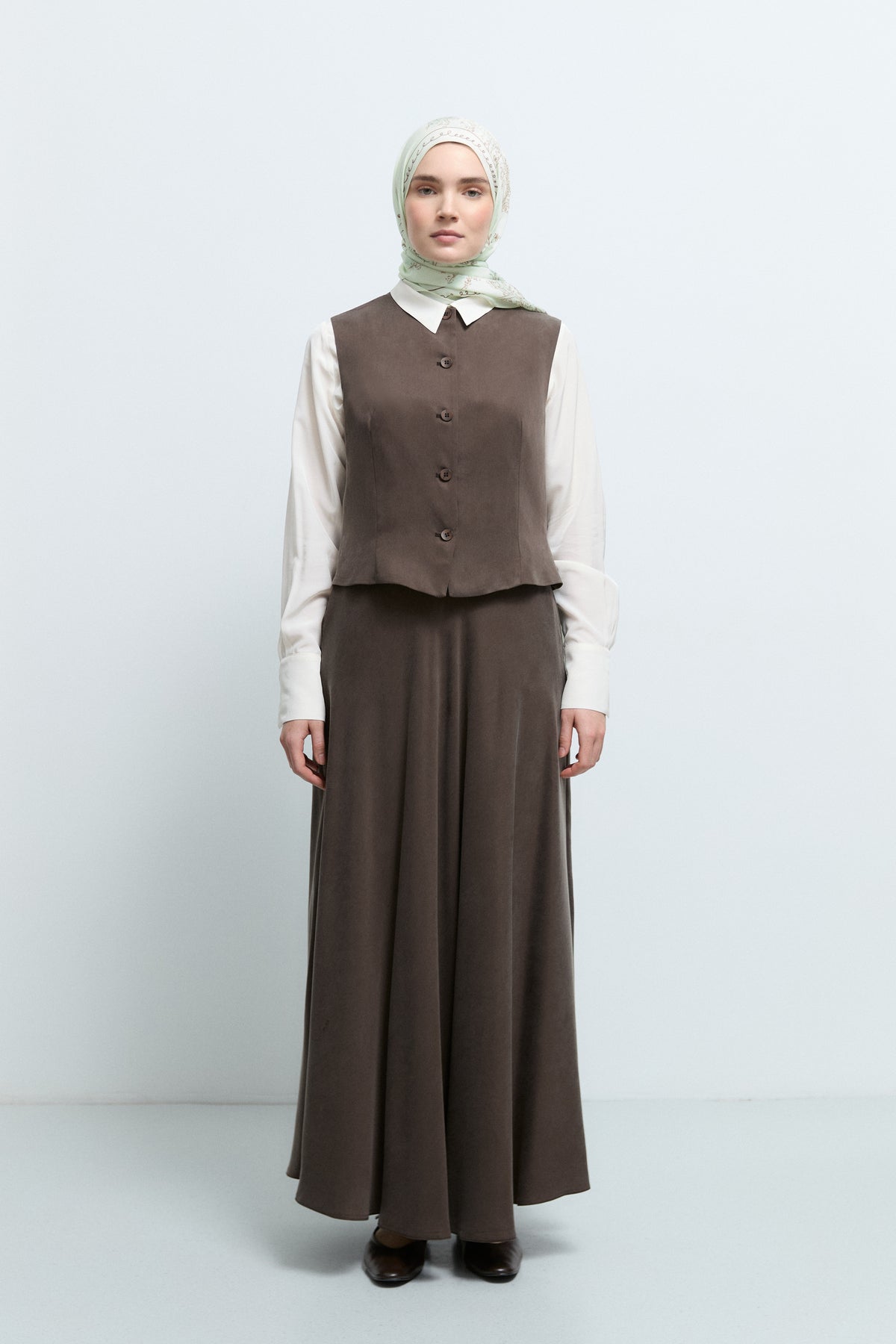 100% Lyocell Buttoned Vest Skirt Set - Coffee