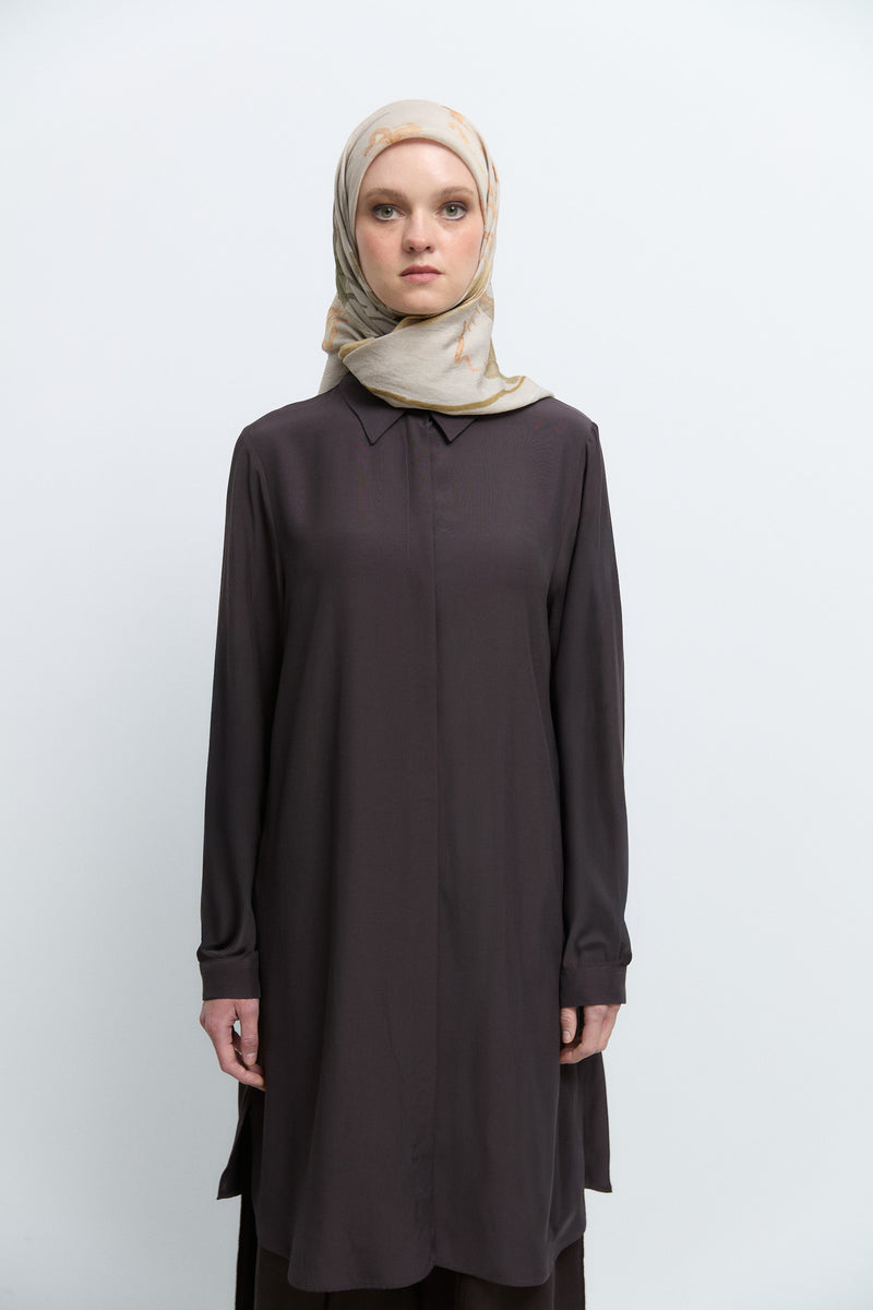 %100 Viskon Gömlek Yaka Tunik - Kahve TUĞBA
