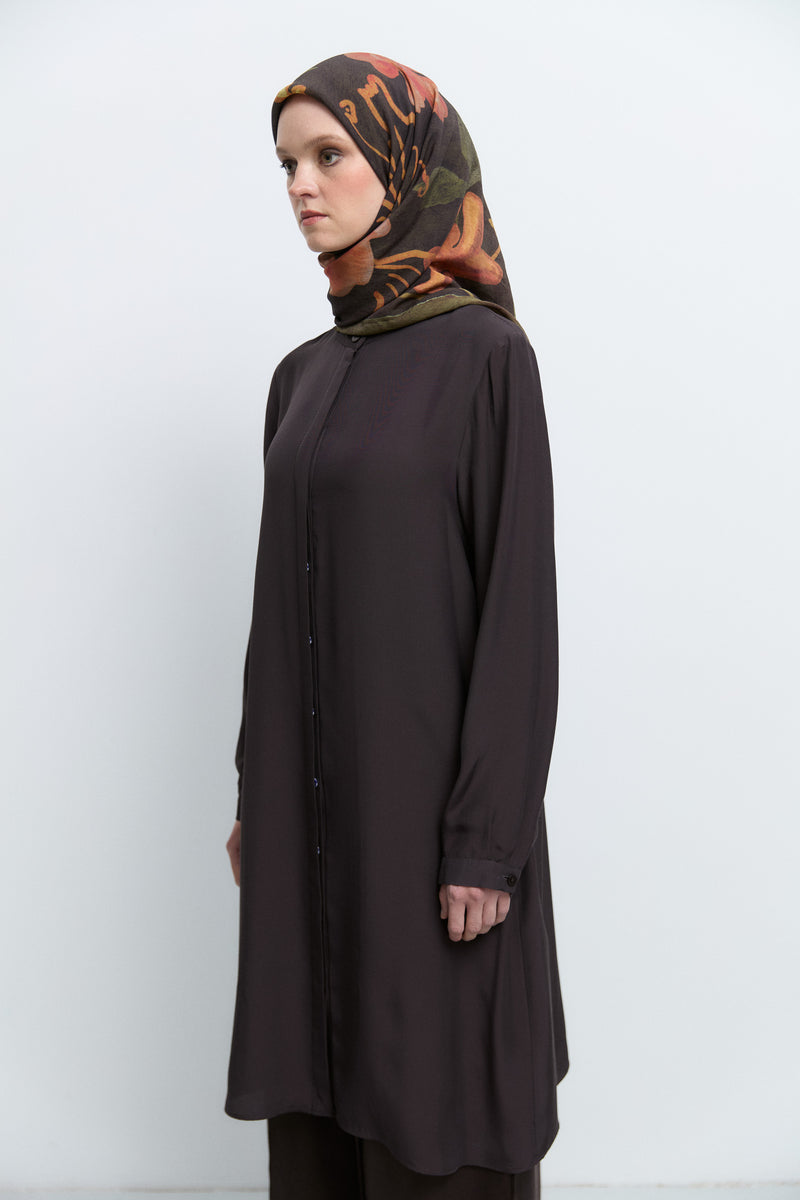 %100 Viskon Hakim Yaka Tunik - Kahve TUĞBA