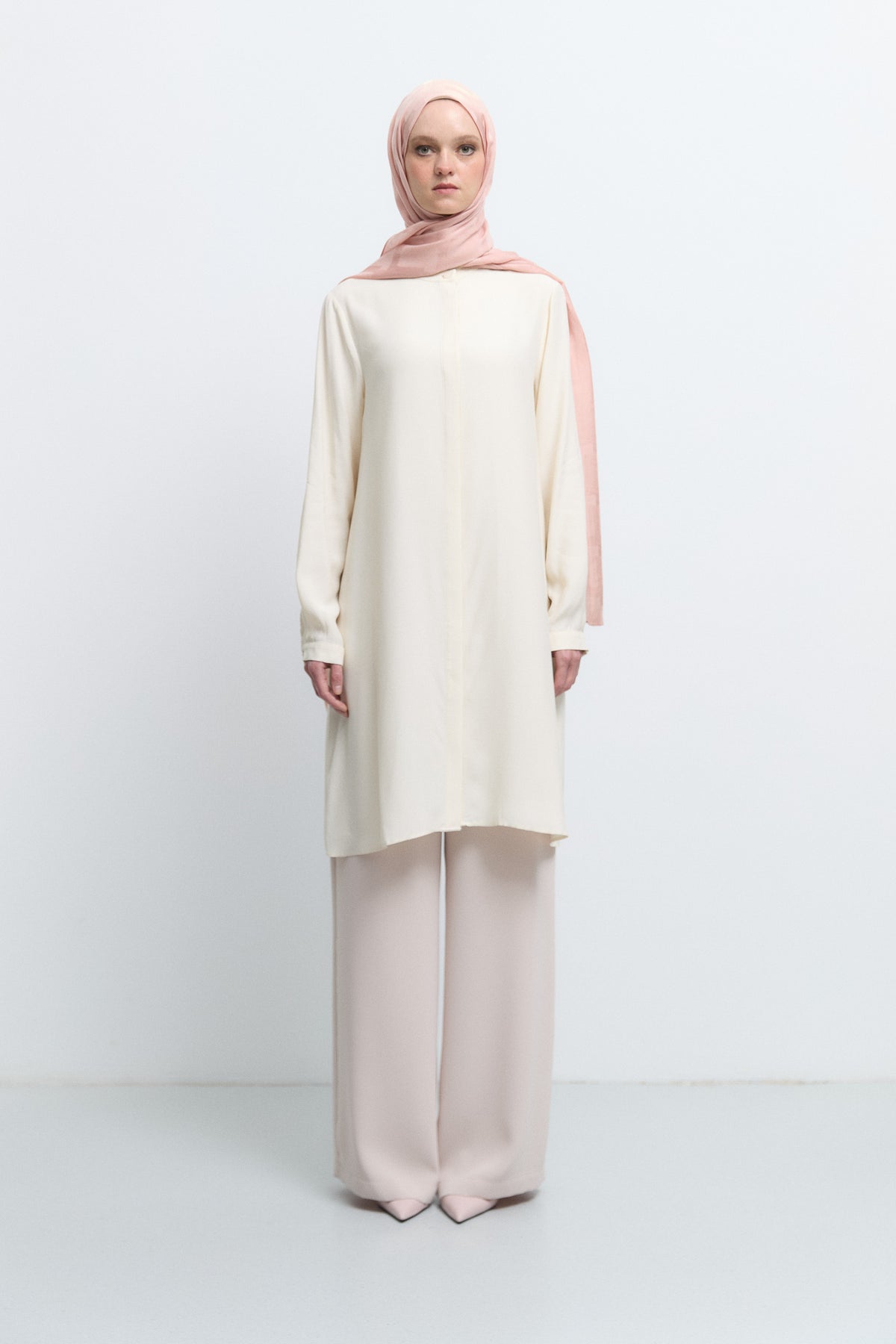 100% Viscose Stand Collar Tunic - Ecru