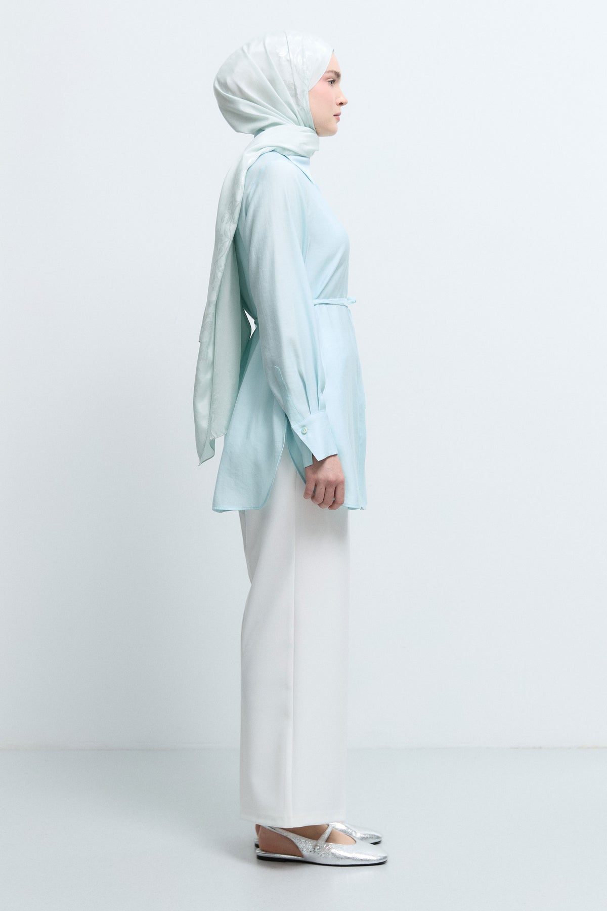 Lyocell Karışım Kuşaklı Tunik - Aqua TUĞBA