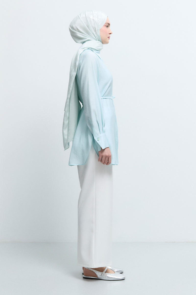 Lyocell Karışım Kuşaklı Tunik - Aqua TUĞBA