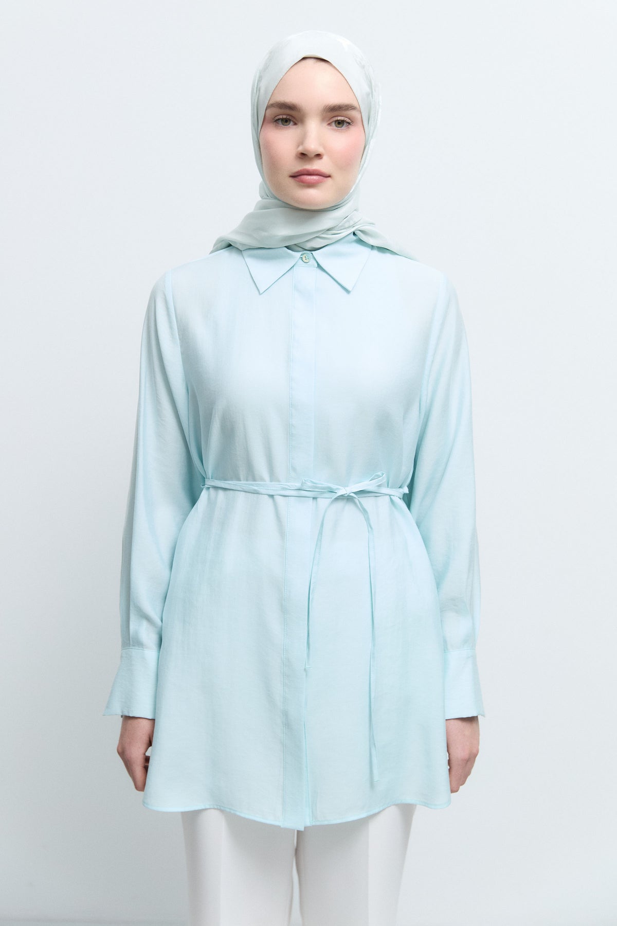 Lyocell Karışım Kuşaklı Tunik - Aqua TUĞBA