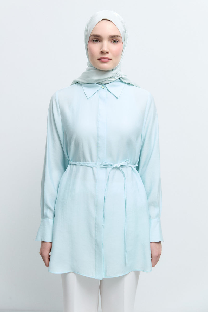 Lyocell Karışım Kuşaklı Tunik - Aqua TUĞBA