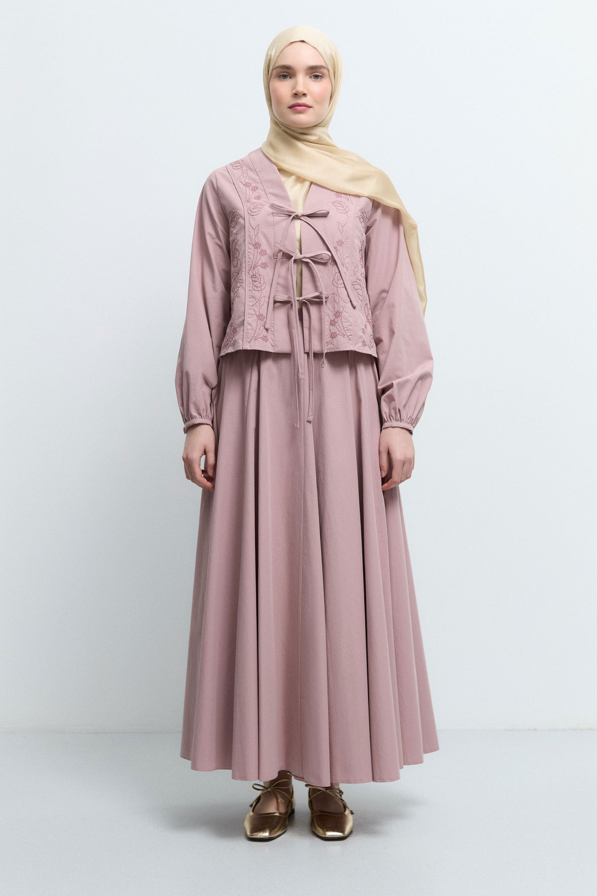 %100 Pamuk Bağlamalı Kimono  - Pudra