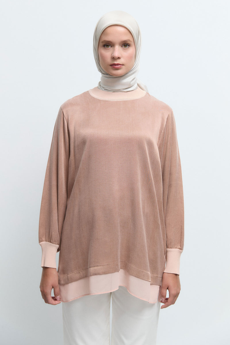 Rayon Karışım Tül Detaylı Tunik - Pudra TUĞBA