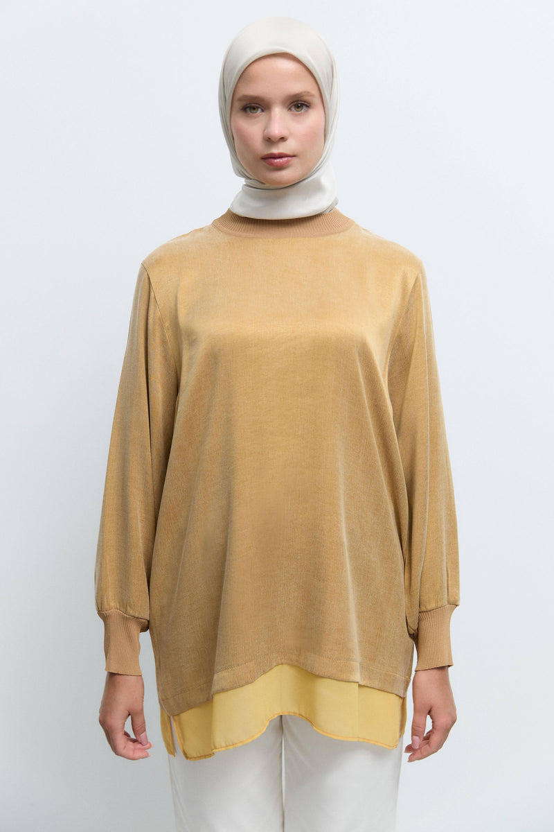Rayon Karışım Tül Detaylı Tunik - Olive TUĞBA
