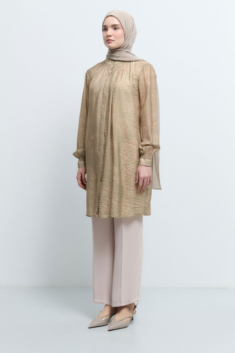 Viskon Karışım Büzgü Detaylı Tunik - Kekik TUĞBA