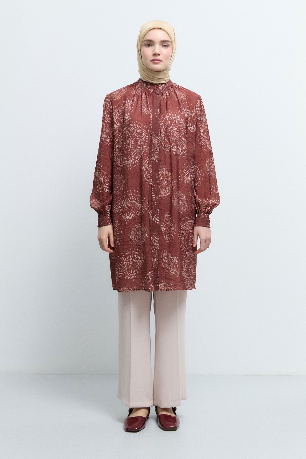 Viscose Blend Shirred Tunic - Marsala