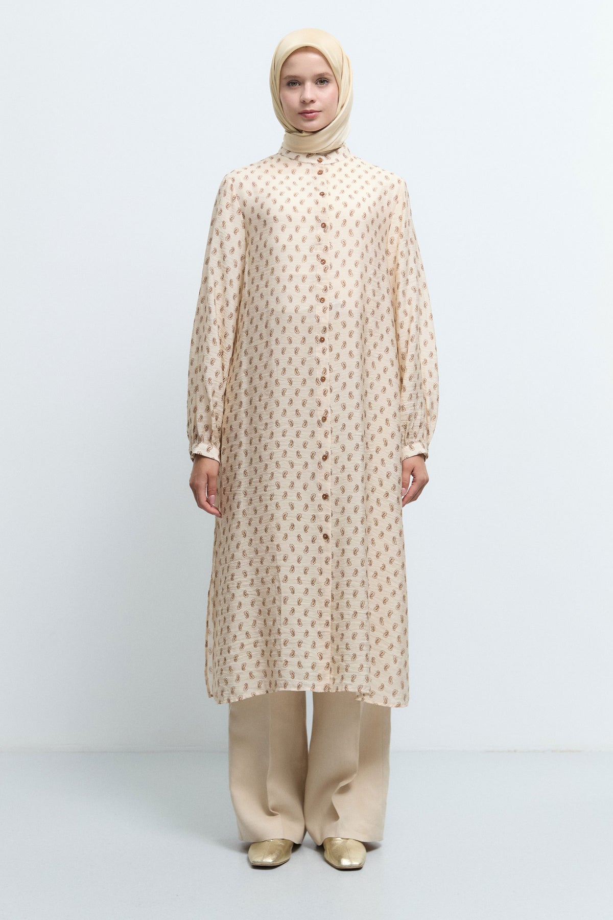 Viskon Karışımlı Reglan Kol Desenli Tunik - Bej
