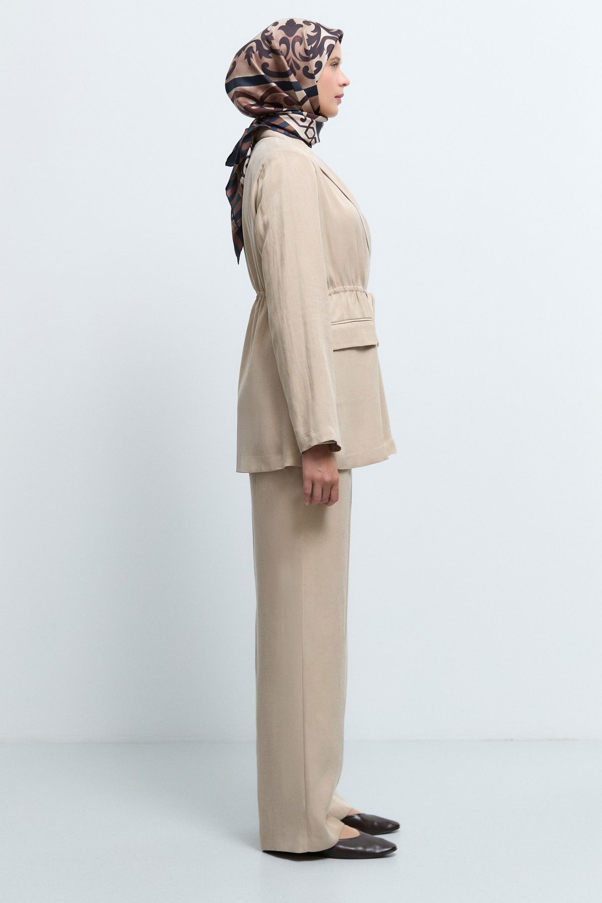 Lyocell Karışımlı Yarım Lastikli Pantolon - Bej TUĞBA