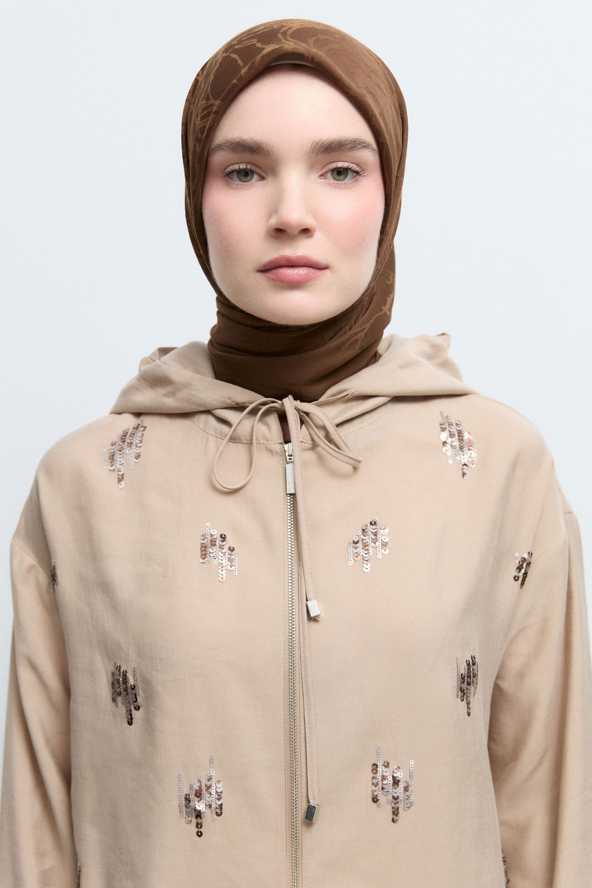 Yaren Cotton Blend Jacquard Natural Scarf - Coffee