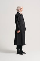Linen Blend Double-Breasted Trench Coat - Black