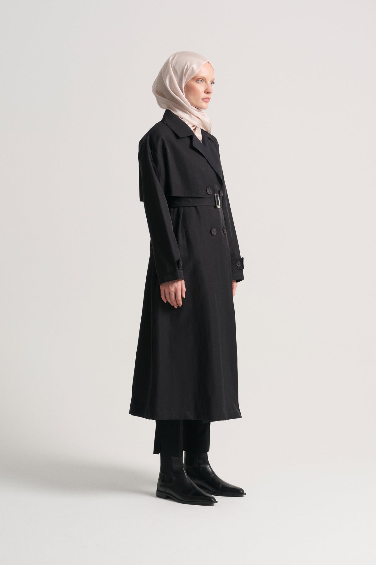 Linen Blend Double-Breasted Trench Coat - Black