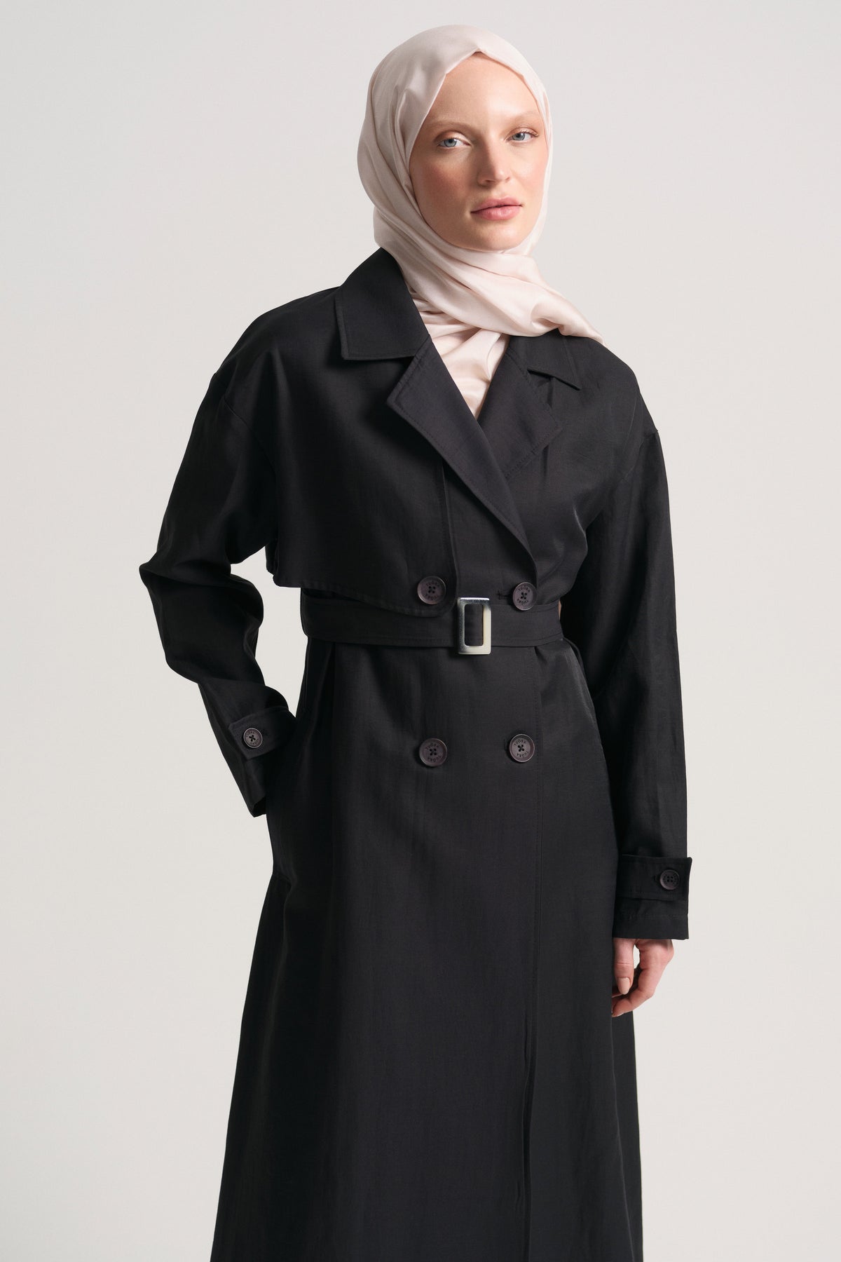 Linen Blend Double-Breasted Trench Coat - Black
