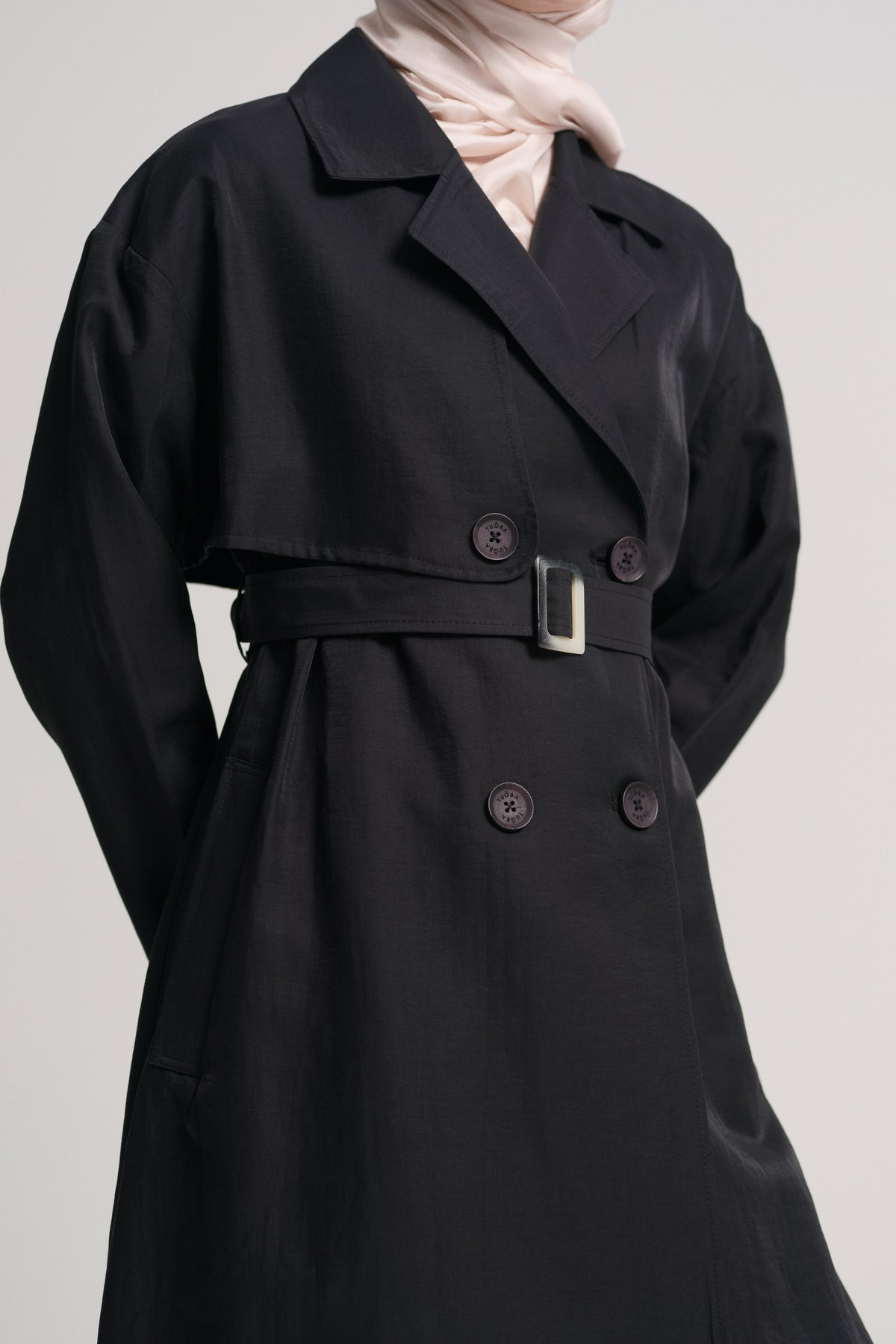 Linen Blend Double-Breasted Trench Coat - Black