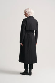 Linen Blend Double-Breasted Trench Coat - Black
