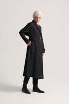 Linen Blend Double-Breasted Trench Coat - Black