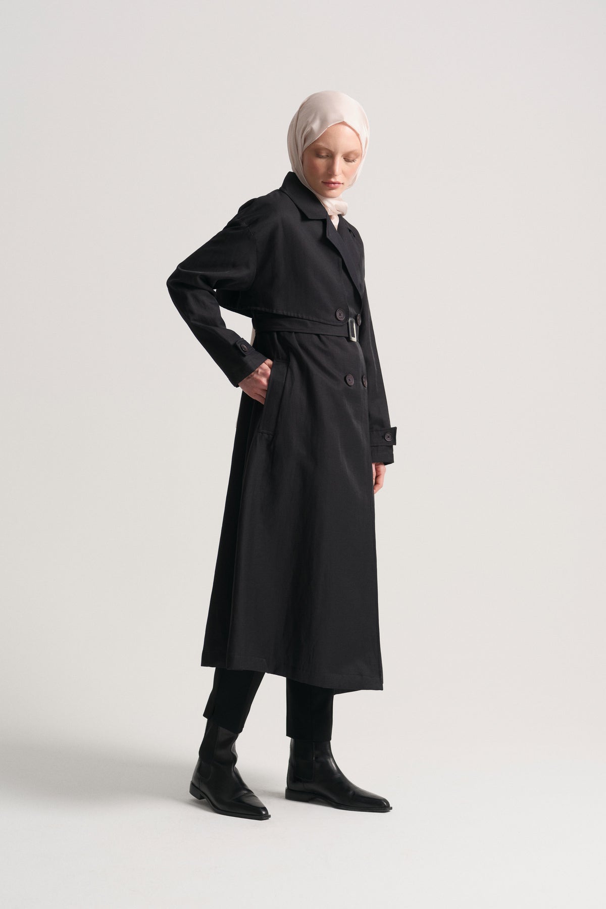 Linen Blend Double-Breasted Trench Coat - Black