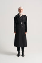 Linen Blend Double-Breasted Trench Coat - Black