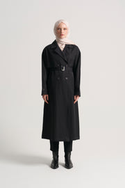 Linen Blend Double-Breasted Trench Coat - Black