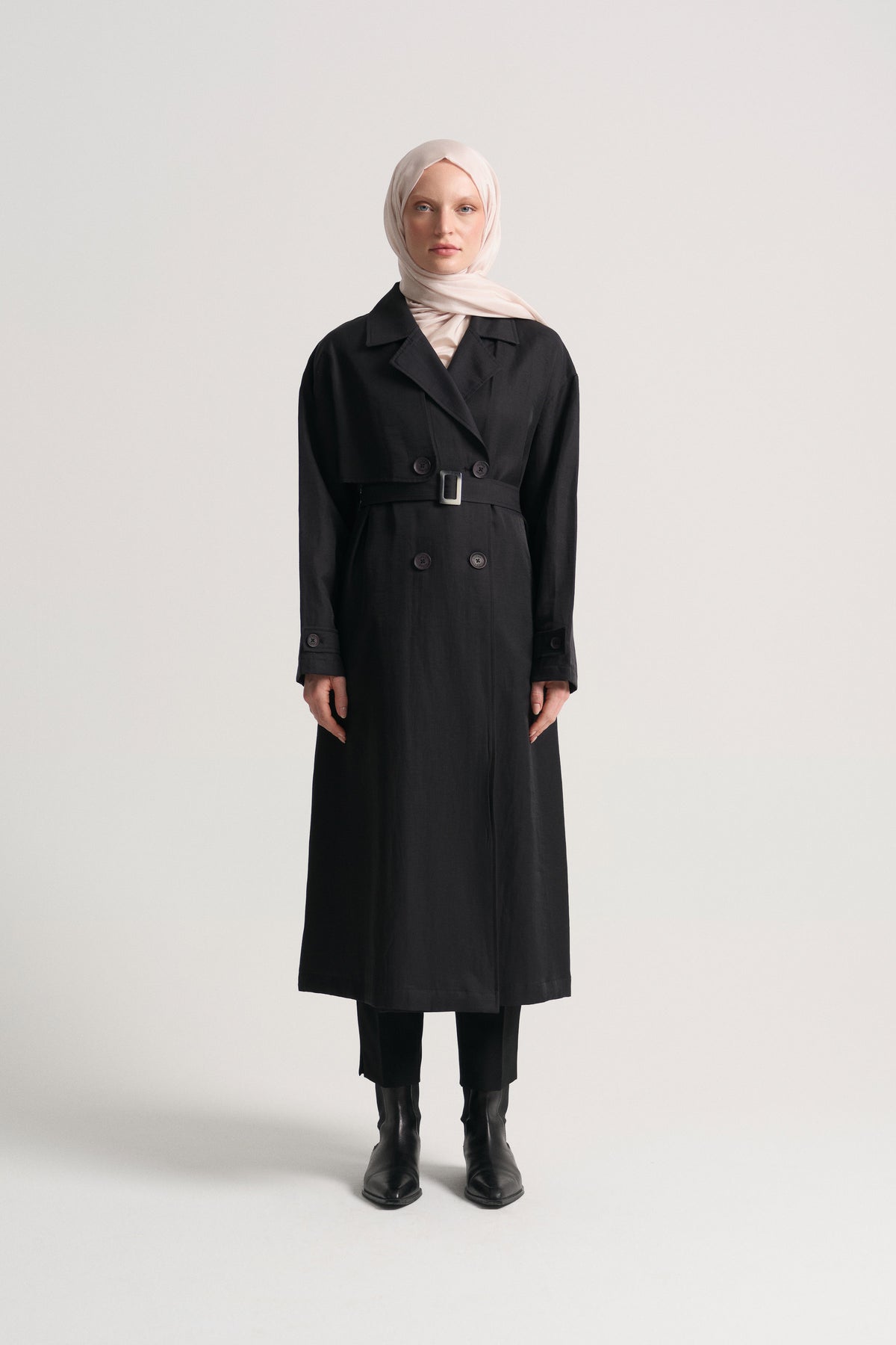 Linen Blend Double-Breasted Trench Coat - Black