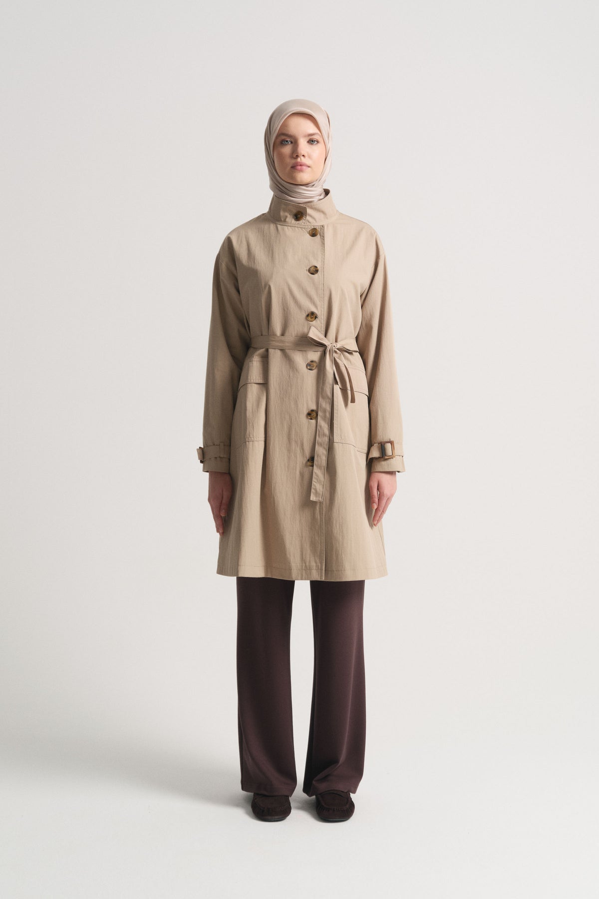 Cotton Blend Stand Collar Trench Coat - Beige