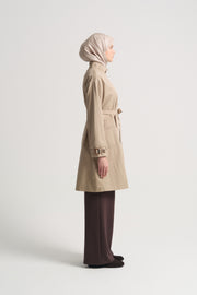 Cotton Blend Stand Collar Trench Coat - Beige